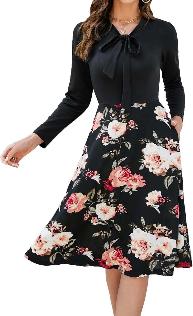 BEDOAR Women's Floral Print Tie-Neck A-Line Dress Size 20